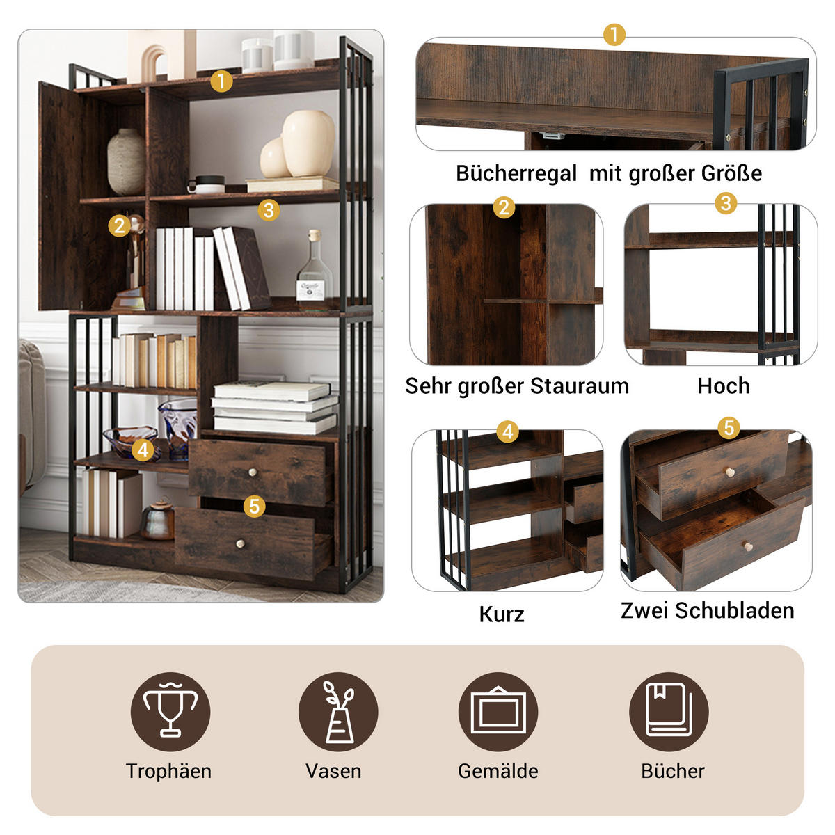 MEHRZWECKSCHRANK mit 6 Regale,Hochschrank mit Türen und Schubladen - Braun, Holzwerkstoff/Metall (100/173.5/30cm) - EVRYAE