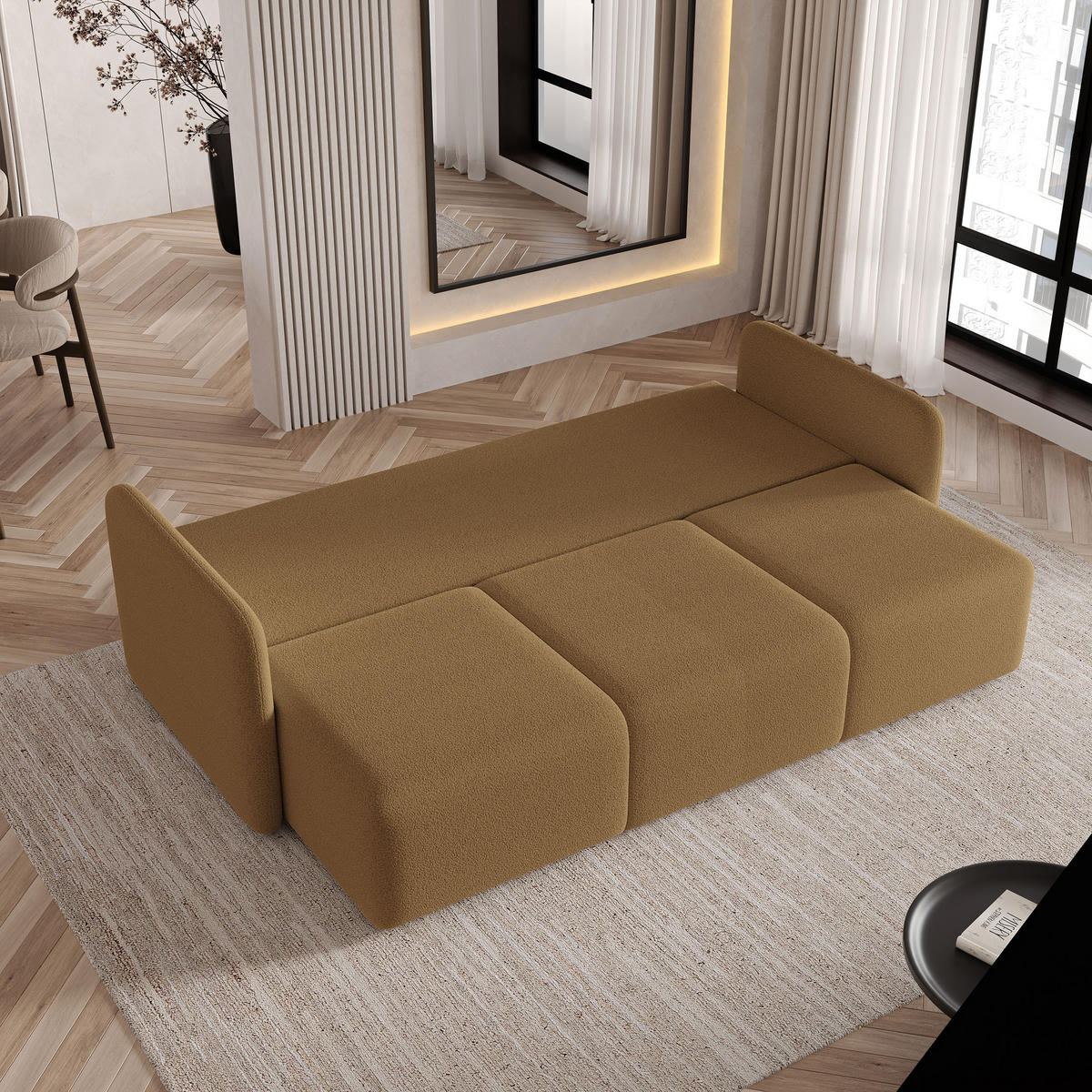 BETTSOFA SUVI III Q Hellbraun Bucle-Stoff mit Schlaffunktion - Hellbraun, Textil (220/85/90cm) - MASSENO