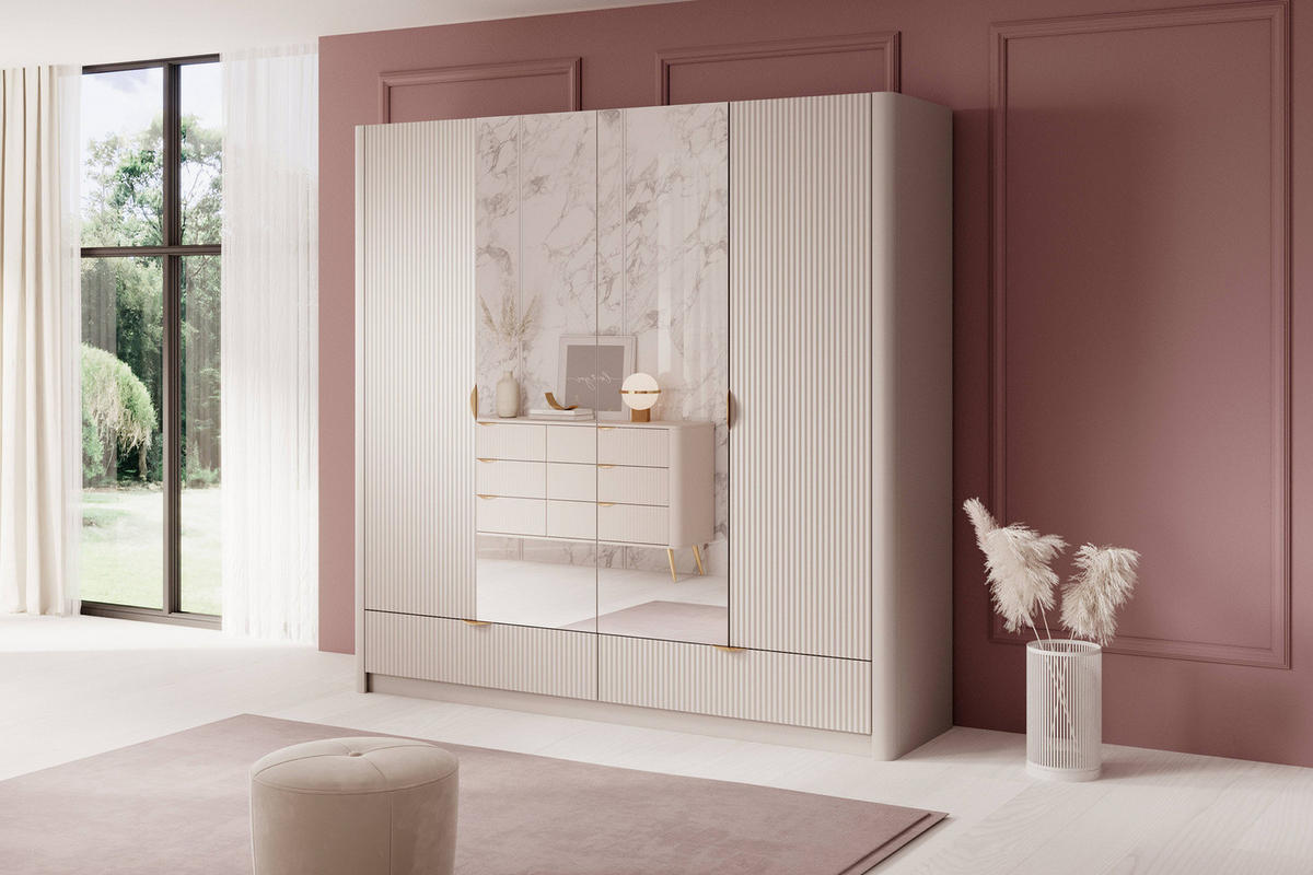 KLEIDERSCHRANK Flore 4-türig Beige / Gold - 213 cm - mit Spiegel - Beige/Gelb, Holz/Holzwerkstoff (213/208/55cm) - Ravio