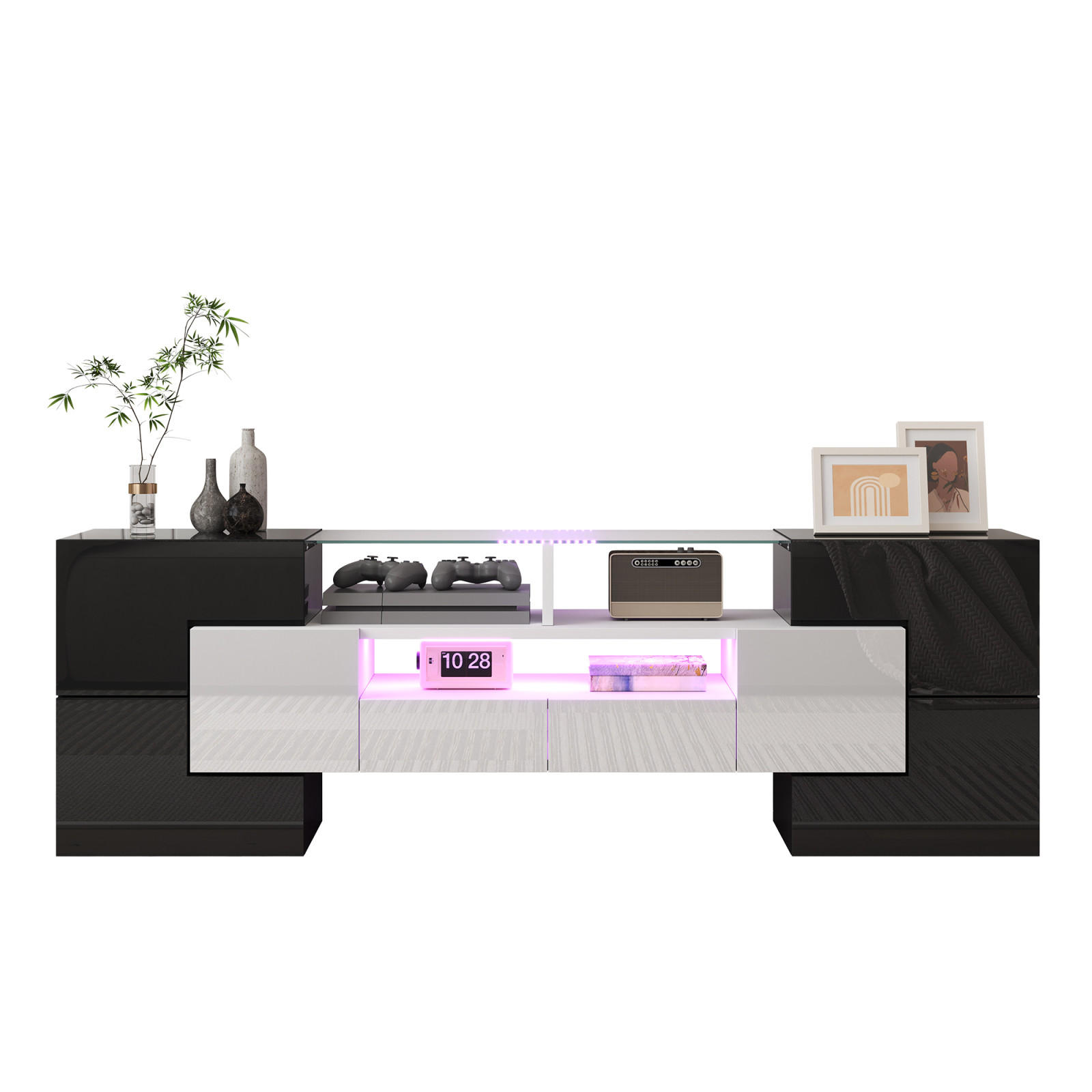TV Lowboard LED, Hochglanz, 4 Türen, 2 Schubladen, Schwarz - Schwarz, Holz (145/51/30cm)