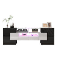 TV Lowboard LED, Hochglanz, 4 Türen, 2 Schubladen, Schwarz - Schwarz, Holz (145/51/30cm)
