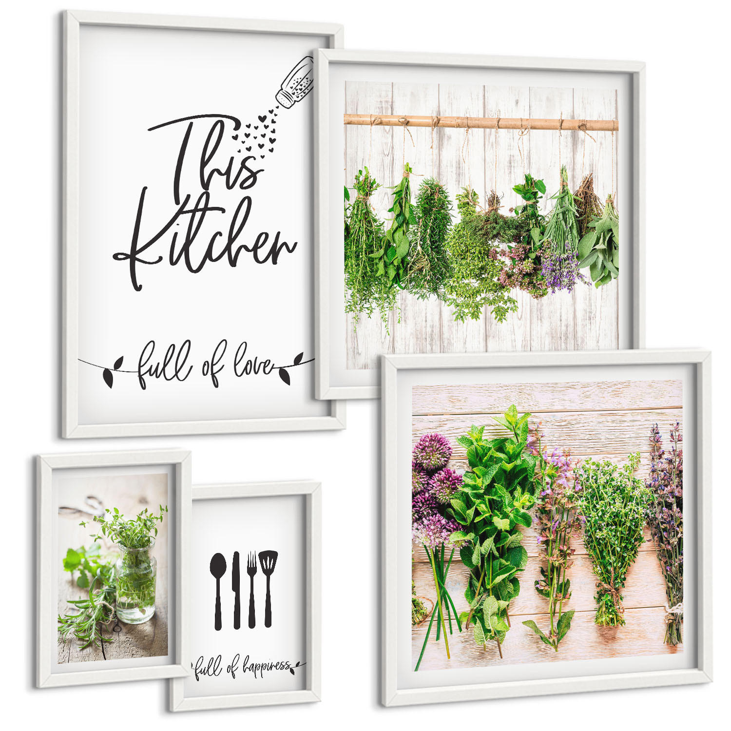 BILDER SET 5er Set - 50x50 cm & 20x30 cm & 40x60 cm Weißer Rahmen - Küchenthema: Getrocknete Kräuter - Weiß, Kunststoff (40/60cm) - TULUP