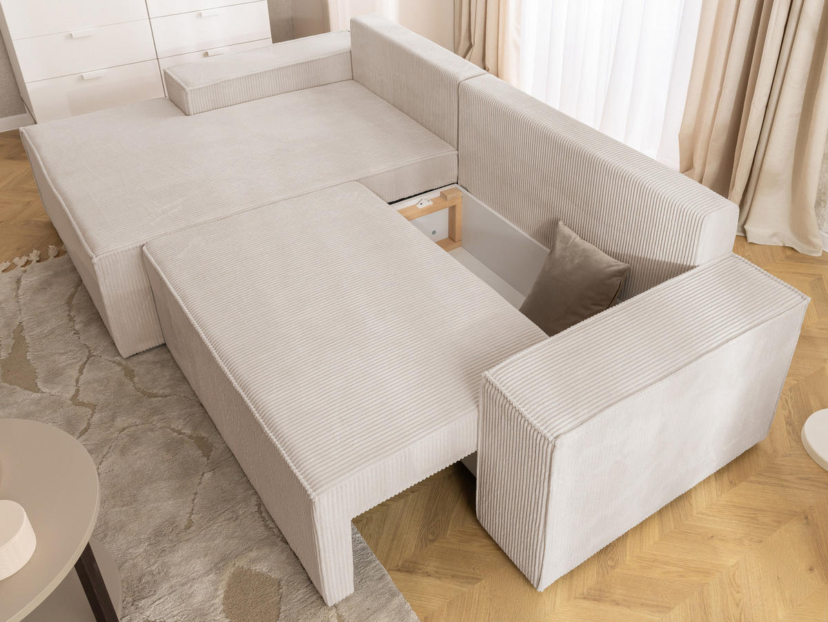 ECKSOFA Rivio mit Schlaffunktion und Bettkasten, Cordstoff Beige - Beige/Schwarz, Holz/Kunststoff (149/262cm) - S-Style