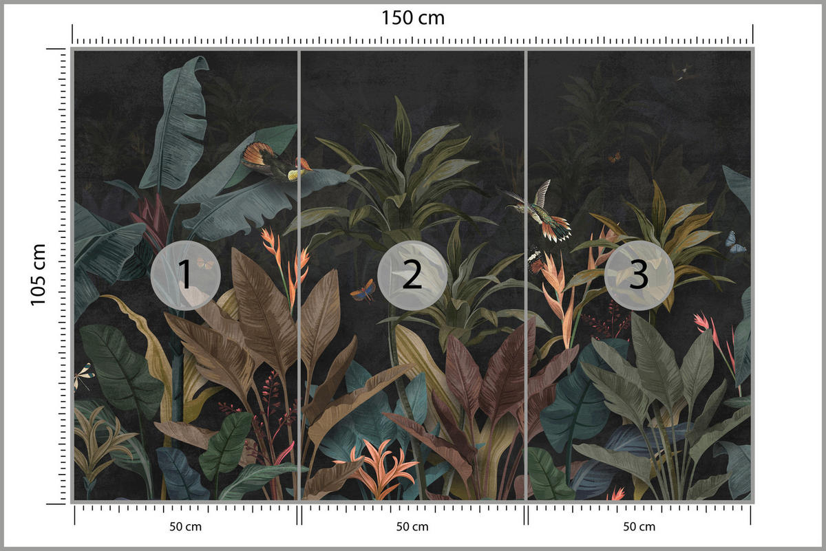 FOTOTAPETE Exotische Palmenblätter Dunkler Hintergrund Insekten Tropisch 150x105 - Orange/Braun, Papier (150/105cm) - Muralo