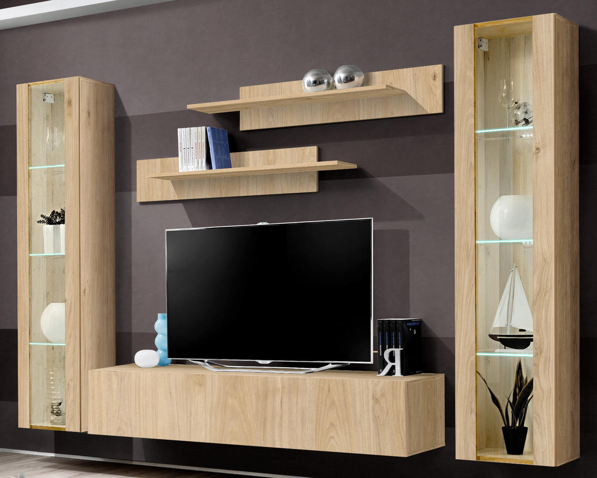 WOHNWAND Eiche Jackson 5-teilig 260 cm, Schrankwand hängend mit LED und Push-to-Open - Eichefarben, Glas/Holzwerkstoff (260/170/40cm) - Inn.Furn