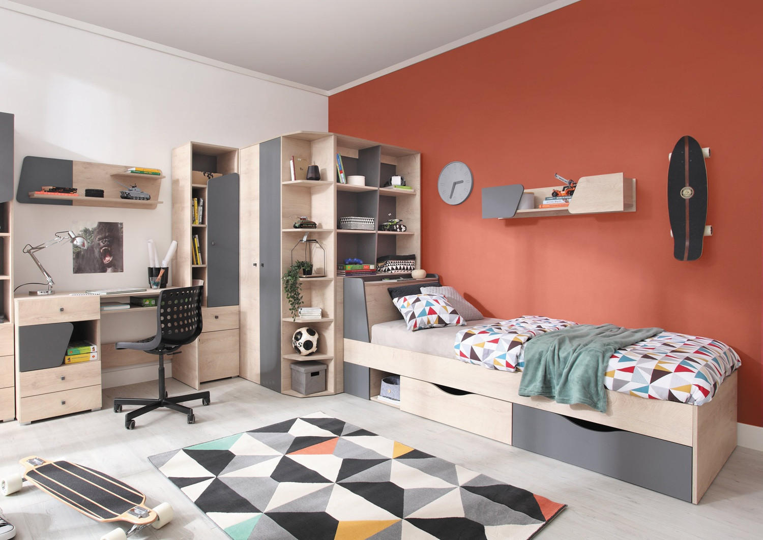 JUGENDZIMMER Davis Set C mit Bett 90 x 200 - Eiche Anthrazit - Eichefarben/Anthrazit, Holzwerkstoff (135/190/135cm) - QMM TraumMöbel