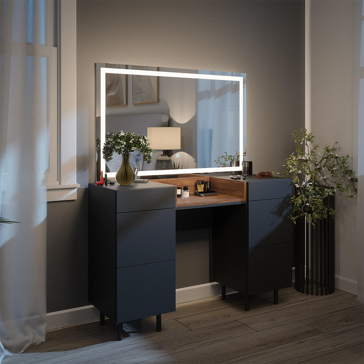 SCHMINKTISCH Anika Anthrazit 120 cm mit LED-Spiegel - Anthrazit/Walnussfarben, Holzwerkstoff (120/80/40cm) - Vicco