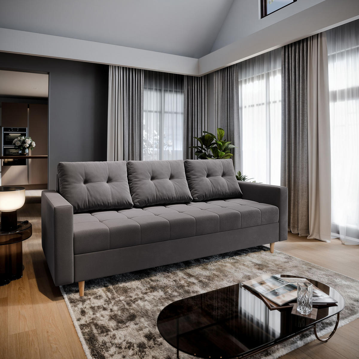 BETTSOFA MILO Grau Plüsch-Stoff mit Schlaffunktion - Grau, Textil (220/93/87cm) - MASSENO