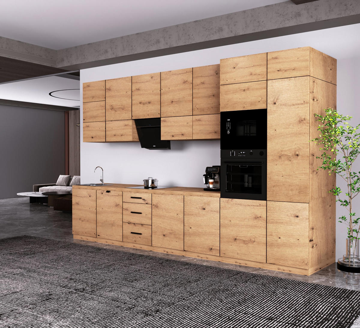 KÜCHENZEILE 400 cm - Langen KL21-M400 - in Artisan Eiche - Eiche Artisan, Holz (400/212/58cm)