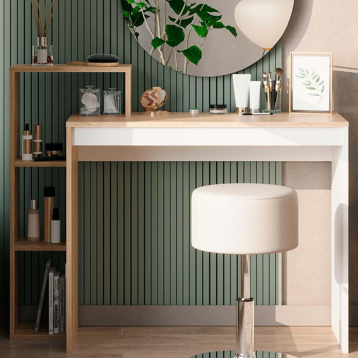 SCHMINKTISCH Leo Sonoma 100 cm mit Spiegel und Hocker - Sonoma Eiche, Holzwerkstoff (100/90/40cm) - Vicco
