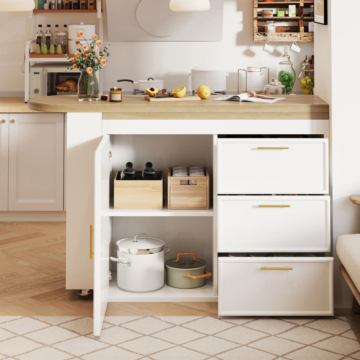 BARTISCH 128-203/39/90 cm mit 360°-Drehfunktion, 3 Schubladen und verstellbaren Regalböden, MDF/Metall, Weiß - Weiß, Holzwerkstoff (39/203/90cm) - Redom