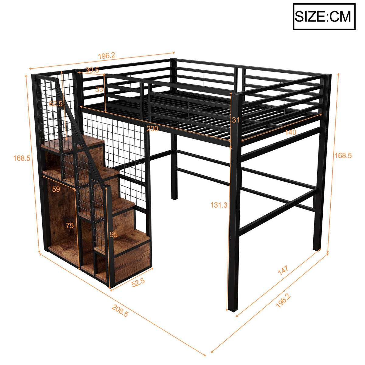 HOCHBETT aus Metall 140x200 cm in Schwarz mit Treppe & Stauraum - Schwarz, Metall (140/200cm) - Modfu