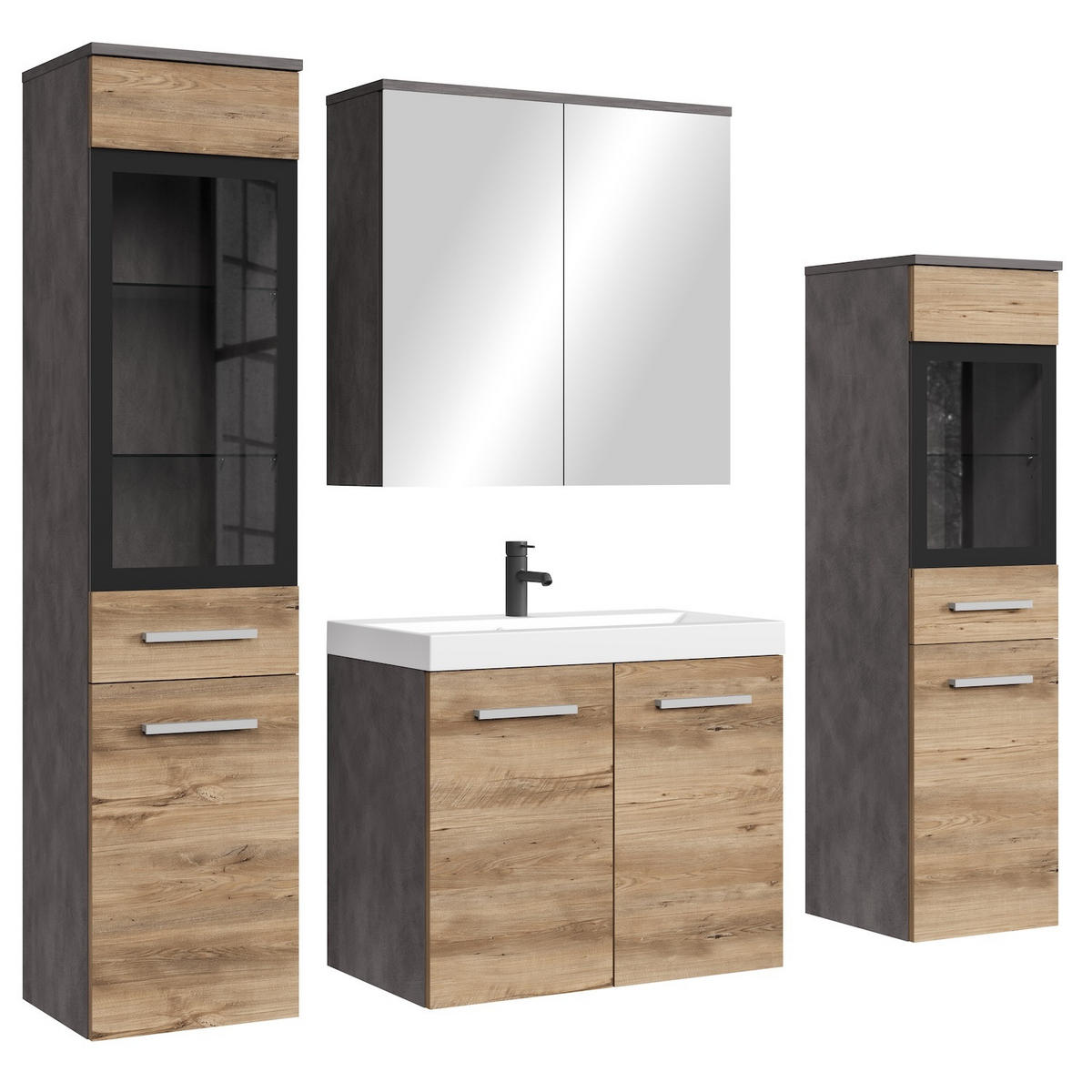 BADMÖBEL-SET Mirano 5 Teile Kastanien Eiche / Grau - 60 x 35 x 51 cm - Eichefarben/Grau, Holz (60/47/35cm) - Badplaats