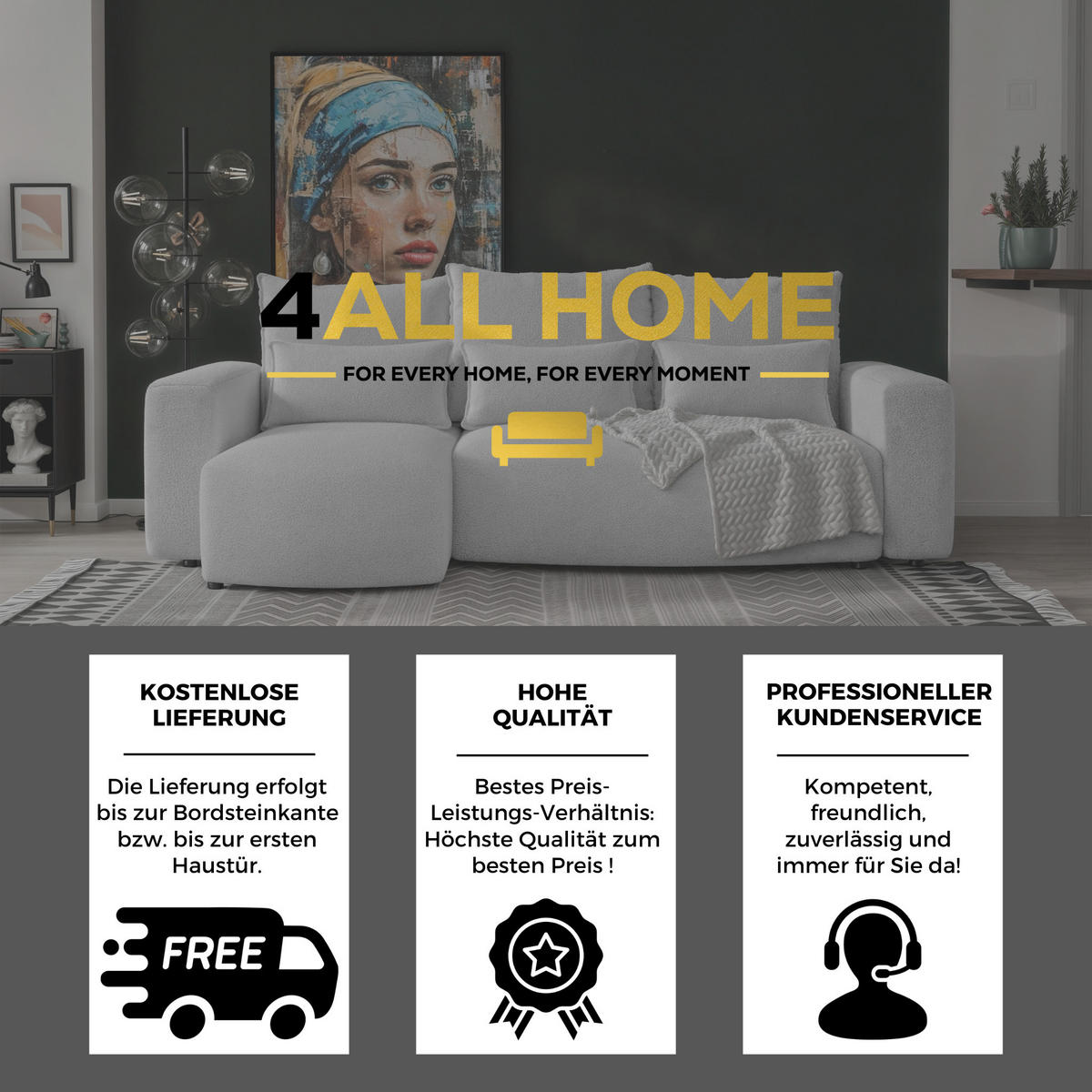 ECKSOFA Travis mit Bettkasten und Schlaffunktion, L-Form, Boucle, Universal - Hellgrau, Holzwerkstoff (248/148cm) - 4ALL HOME