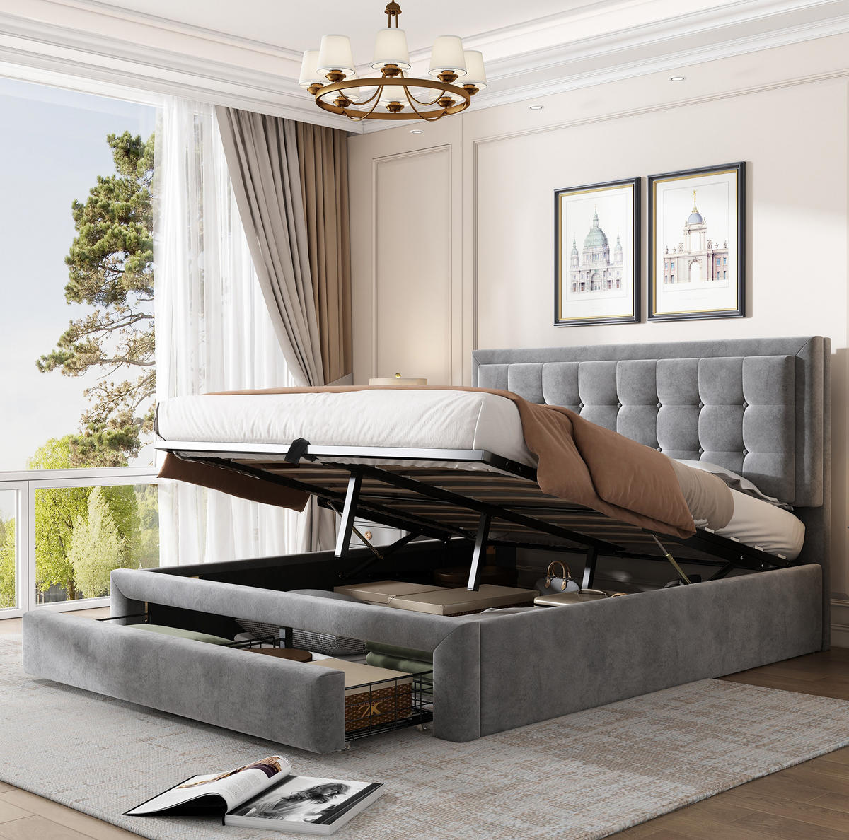 POLSTERBETT 140/200 cm aus Samt mit verstellbarem Kopfteil und Stauraum Grau - Grau, Textil (140/200cm) - Modenvie