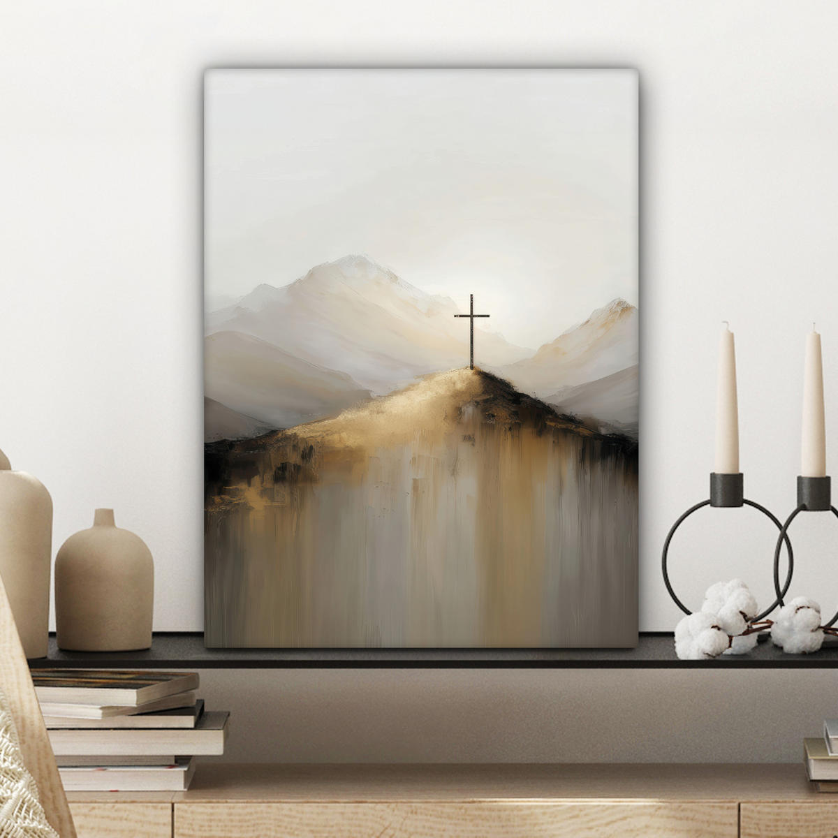 LEINWANDBILD Hügel - Abstrakt - Kreuz - Christentum Room Decor 30x40 cm - Beige, Textil (30/40cm) - MuchoWow