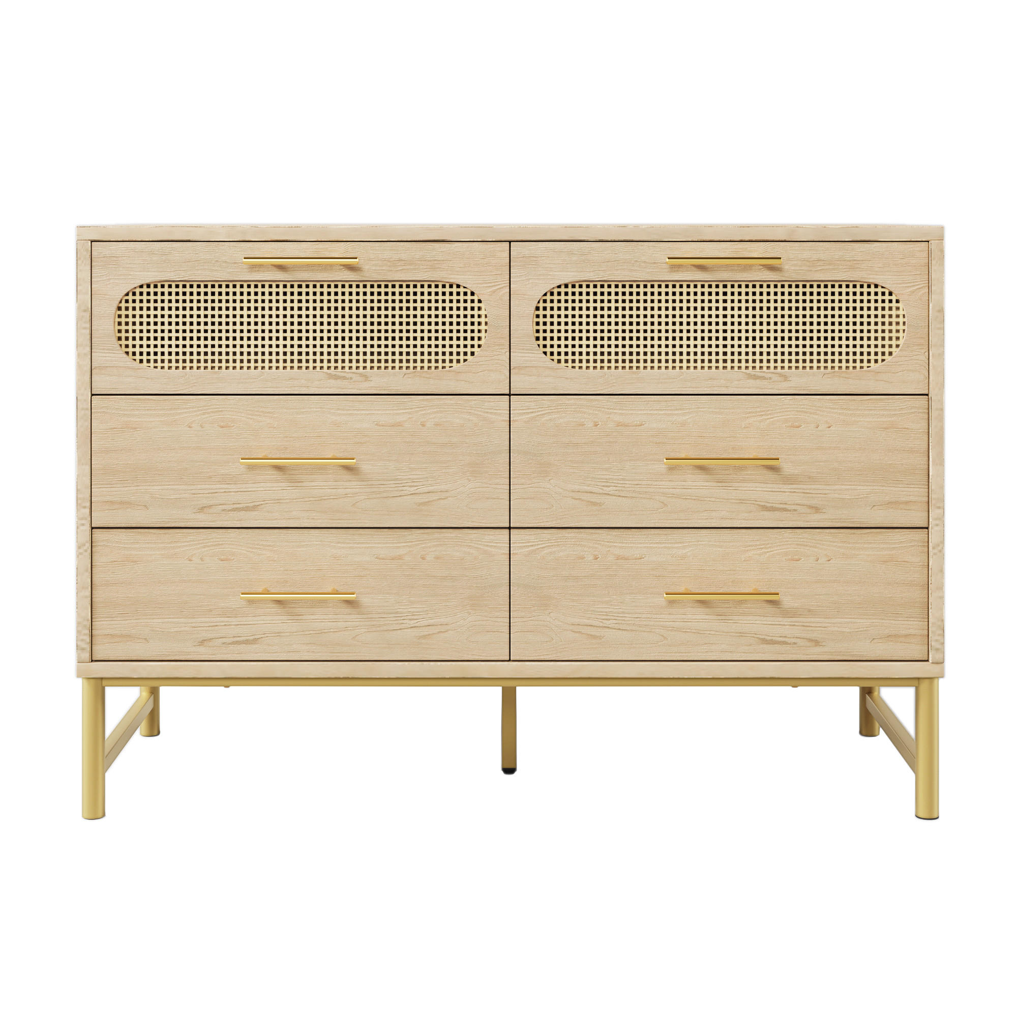 KOMMODE in Eichenfarben Sideboard mit 6 Schubladen für Wohnzimmer und Schlafzimmer, B120/T40/H77 cm - Eichefarben/Goldfarben, Holzwerkstoff/Metall (120/74/40cm) - STILVORA