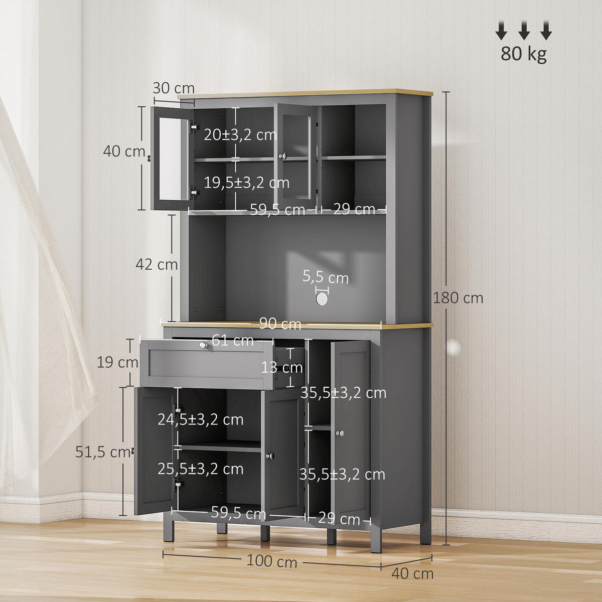 BUFFET DE-11110 2 Glastüren & Schublade mit Kabeldurchlass Grau - Grau, Holzwerkstoff (40/180/100cm) - ComfortXL