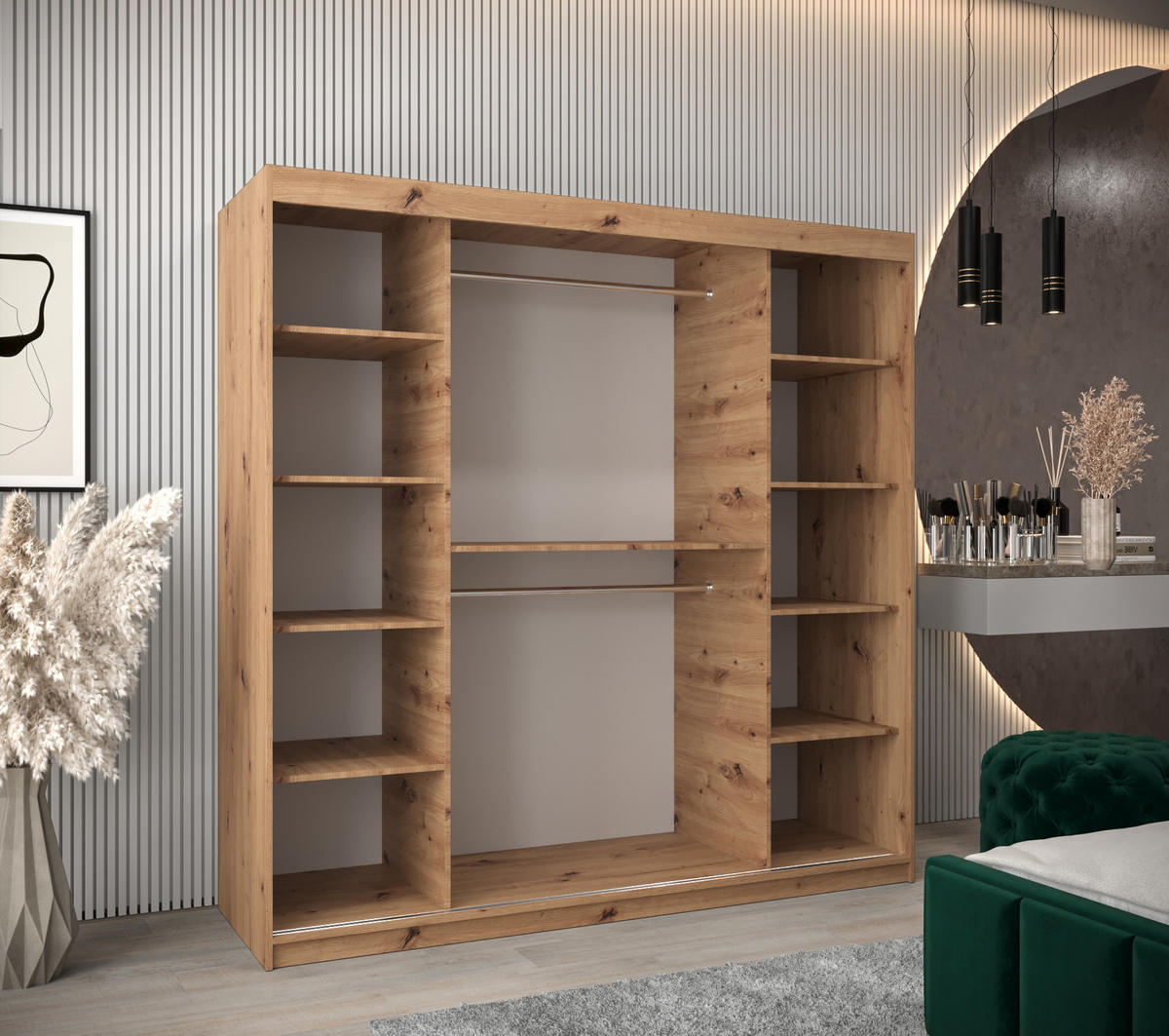 SCHWEBETÜRENSCHRANK 200/200/62 2-türig - Silberfarben/Eiche Artisan, Holz/Kunststoff (200/200/62cm) - MÖBEL KRYSPOL