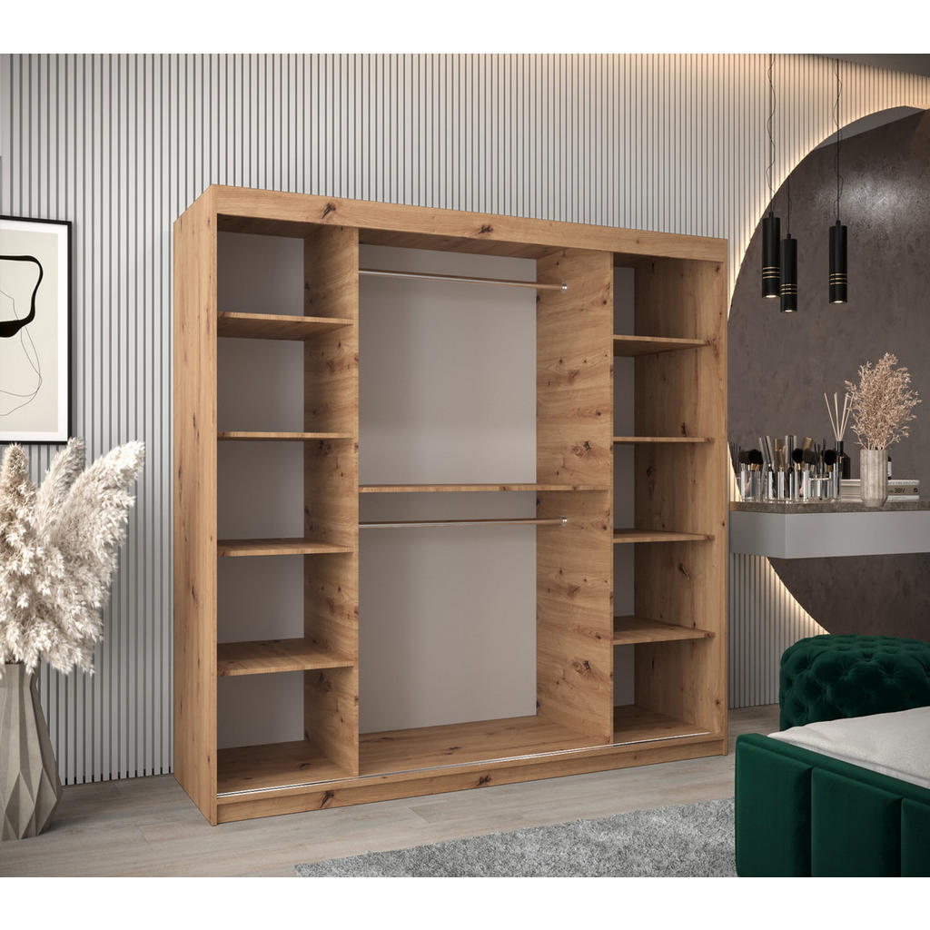 Thumbnail - Möbel Kryspol Schwebetürenschrank, Eiche Artisan, Silber, Kunststoff, Nachbildung, 9 Fächer, 200x200x62 cm, Schlafzimmer...