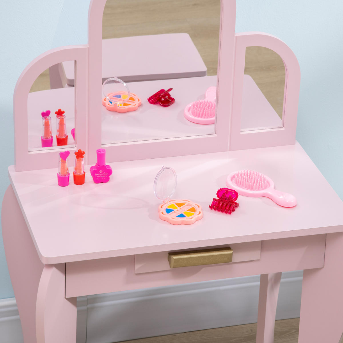 KINDERSCHMINKTISCH DE-18629 3 Spiegel, Schublade & Hocker Pink - Pink, Holzwerkstoff (32/85/52cm) - ComfortXL