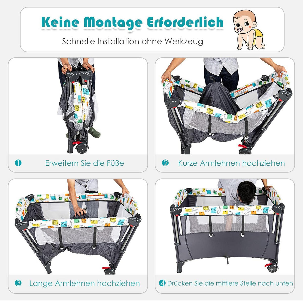 BABYBETT 5 in 1 Babyreisebett Grau - Grau, Textil - COSTWAY