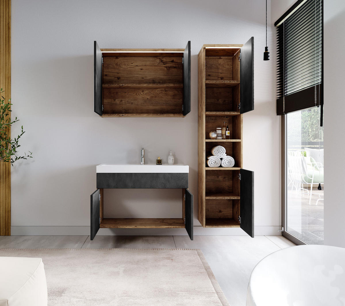 BADMÖBEL-SET Paso LED 4 Teile Kastanien Eiche / Grau - 80 x 35 x 55 cm - Eichefarben/Grau, Holz (80/55/40cm) - Badplaats