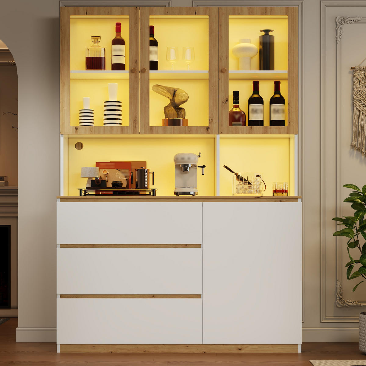 VITRINE 120cm Weiß Eiche LED Hochschrank modern - Multicolor, Holzwerkstoff (120/200/40cm) - FLIEKS