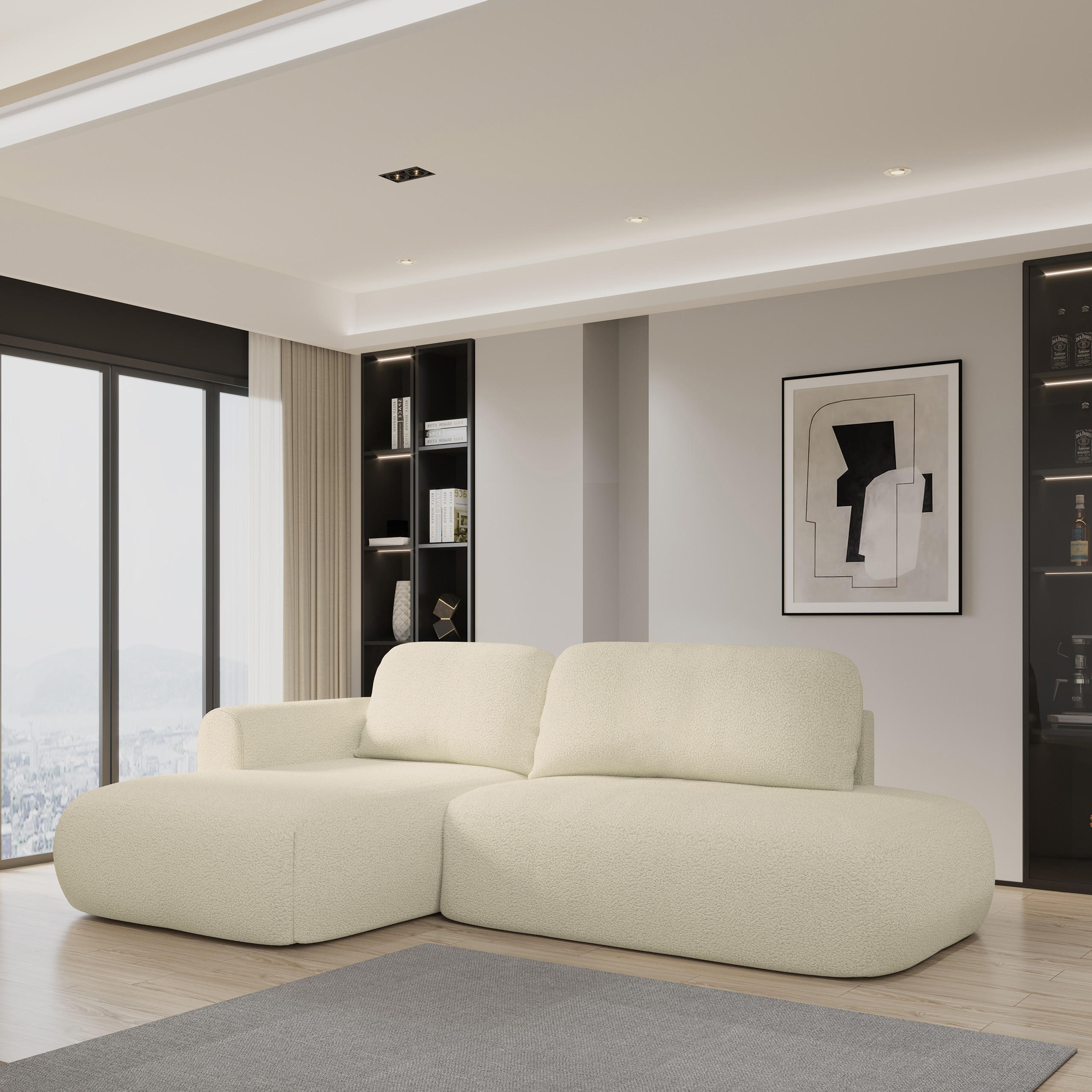 ECKSOFA NUVIRA L-S Creme Boucle-Stoff mit Schlaffunktion - Creme, Holz (274/165cm) - MASSENO