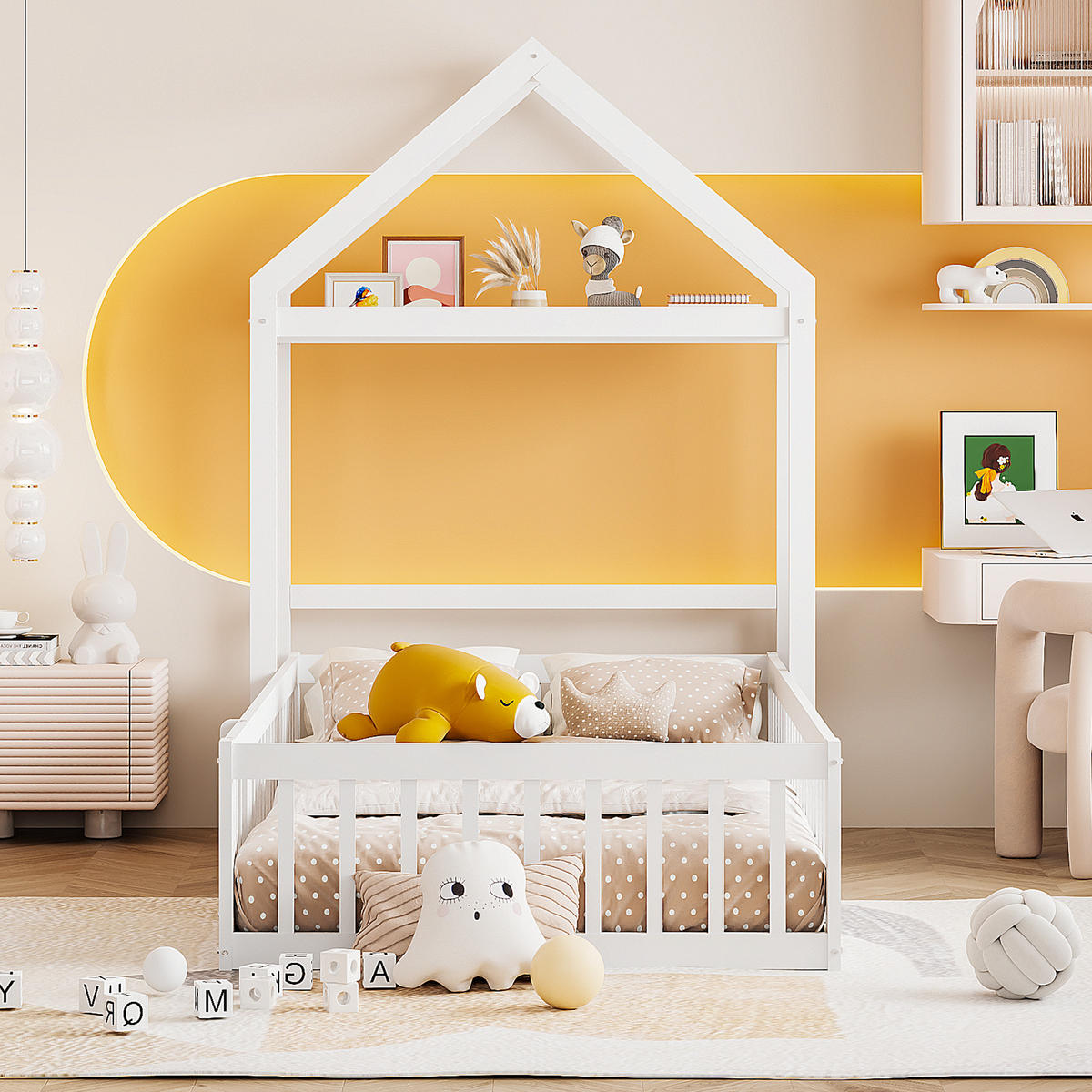 HAUSBETT 90/200 cm weiß aus Massivholz mit Stauraum und Lattenrost - Weiß, Holz (90/200cm) - OKWISH