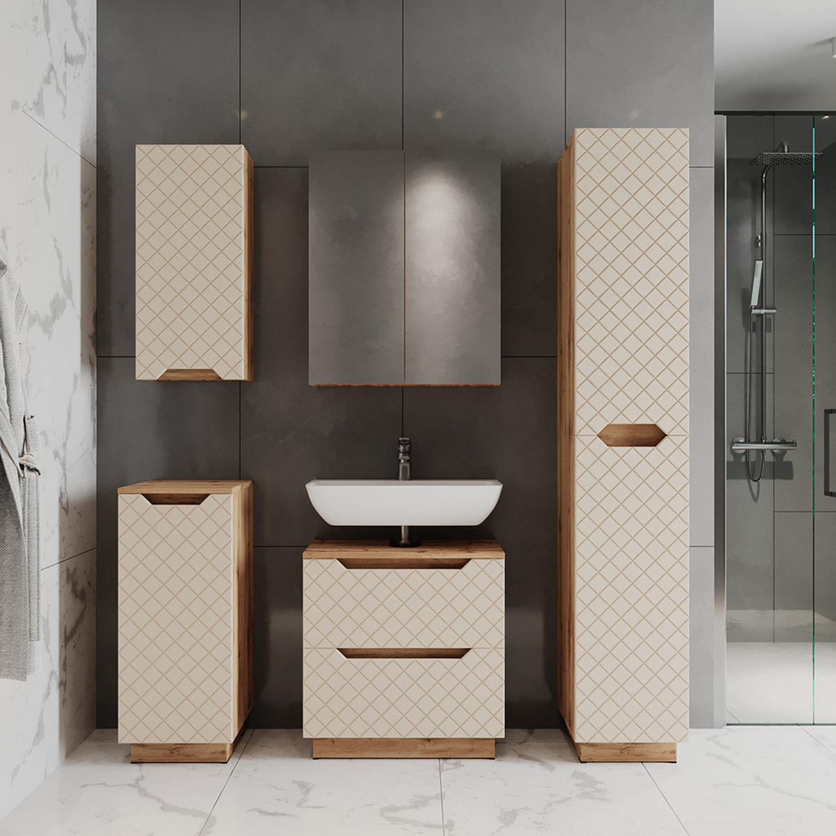 BADSCHRANK Lotta Eiche/Kaschmir mit Kachelstruktur 33 x 186 cm mit 2 Türen - Kaschmir/Eichefarben, Holzwerkstoff (33/186/35cm) - Vicco