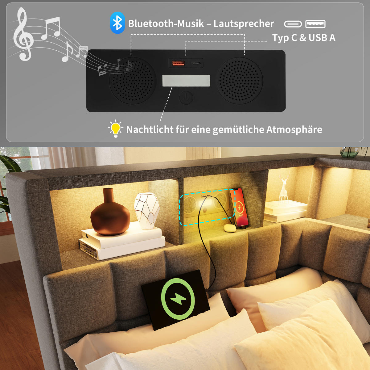 ČALÚNENÁ posteľ z ľanovej zmesi 90x200 cm sivá s výsuvným lôžkom, LED, Bluetooth, USB a Type-C - sivá, textil (90/200cm) - Modfu
