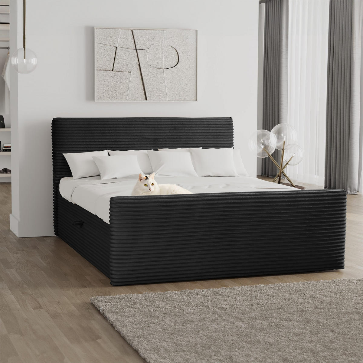 BOXBETT Mit Bettkasten Und Topper TRENTO Stoff Plüsch Cord 160x200 cm Schwarz H2-Pocket - Schwarz, Holz/Textil (160/200cm) - Kaiser Möbel