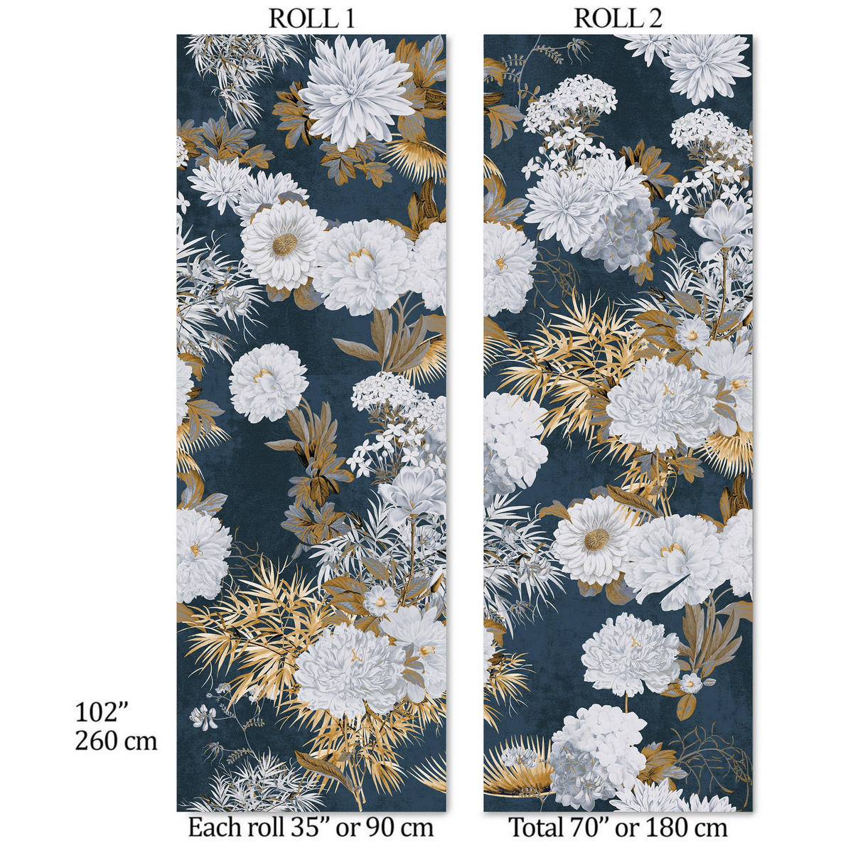 TAPETE Mit Blumen Blau Gold aus echtem Papier, 180x260cm, 2 Rollen - Goldfarben, Papier (180/260cm) - WALLPAPERS4BEGINNERS