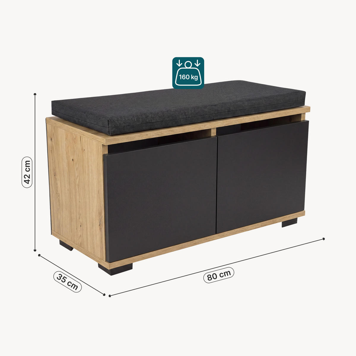 BANCA DE INCALTAMINTE Brande - culoare lemn stejar/negru, material textil/compozit lemnos (80/42/35cm) - [en.casa]