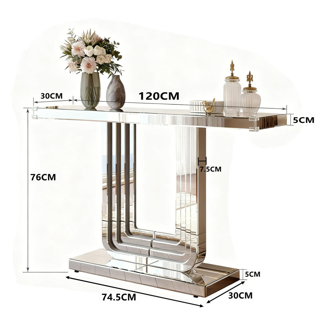 KONZOLOVÝ stolek ze skla a MDF 120x30x76 cm stříbrný se zrcadlovým povrchem a stabilní podnoží ve tvaru U - stříbrná, kompozitní dřevo (30/120/76cm) - Modfu