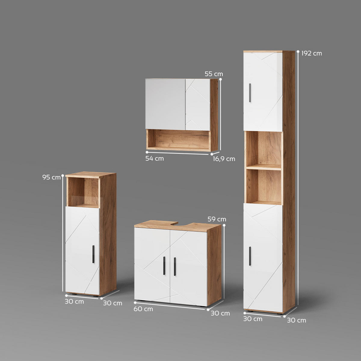 BADMÖBEL-SET Ronco Weiß Hochglanz/Goldkraft Eiche 4 Teile, mit Hochschrank - Honigeiche/Weiß Hochglanz, Holzwerkstoff (60/59/30cm) - Livinity®
