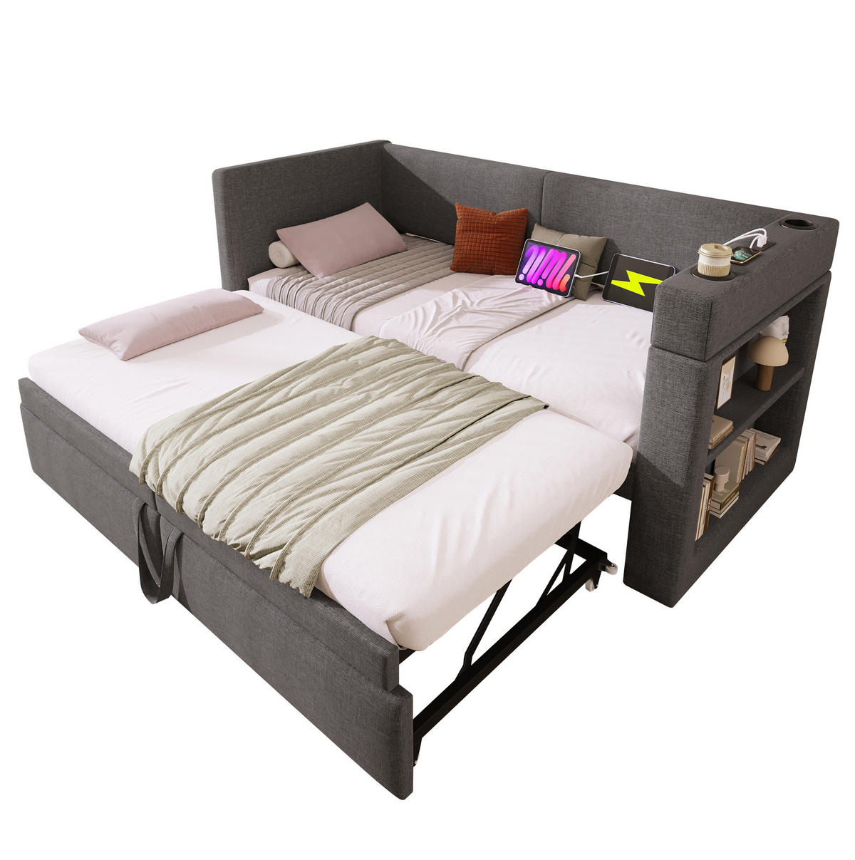 BETT 90/200 cm mit Ausziehbett, Armlehnen mit USB- & Type-C-Anschlüssen Getränkehalter Leinen-Mischgewebe Grau - Grau, Textil (90/200cm) - OKWISH