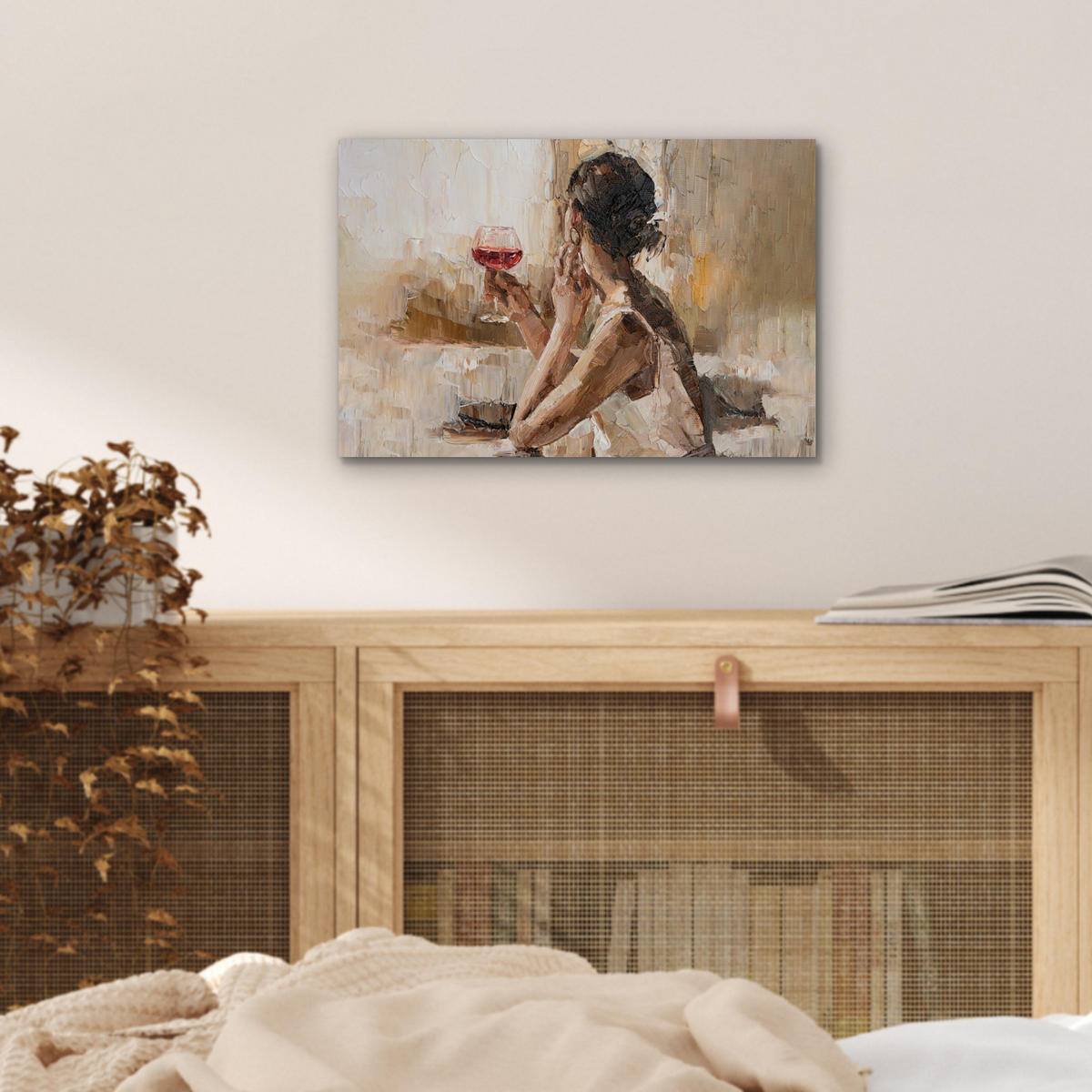 KOVOVÝ OBRAZ Olejomaľba - Žena - Víno 30x20 cm - svetlohnedá, kov (30/20cm) - MuchoWow