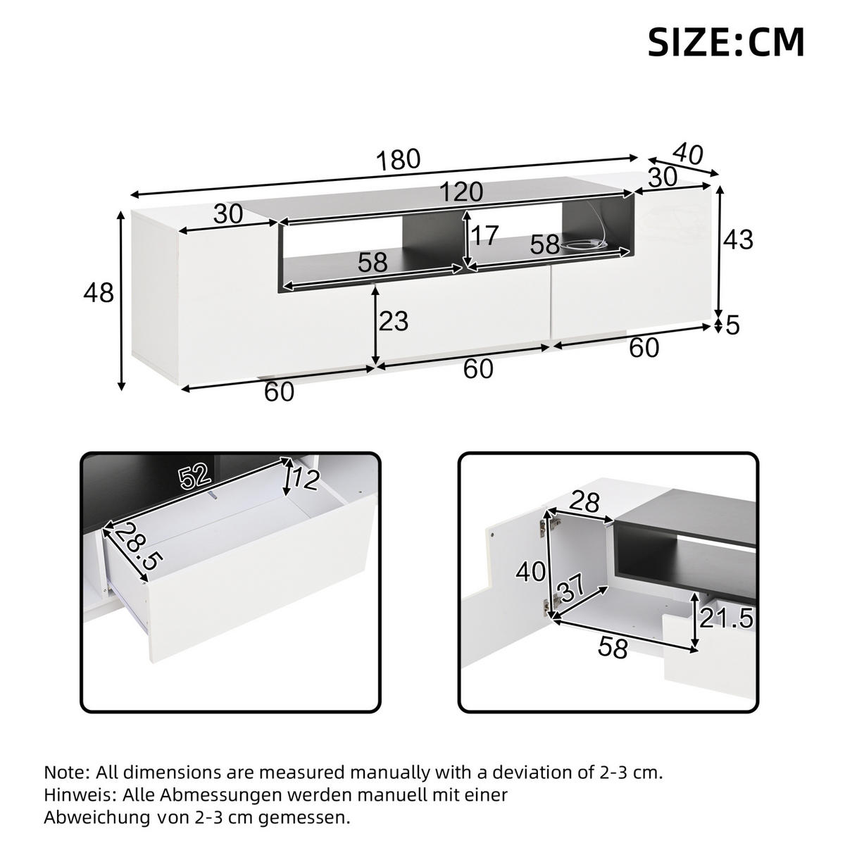 TV-ELEMENT mit LED und Schublade 180 x 40 x 48 cm Weiß Hochglanz - Weiß, Holzwerkstoff (40/48/180cm) - Beauniv