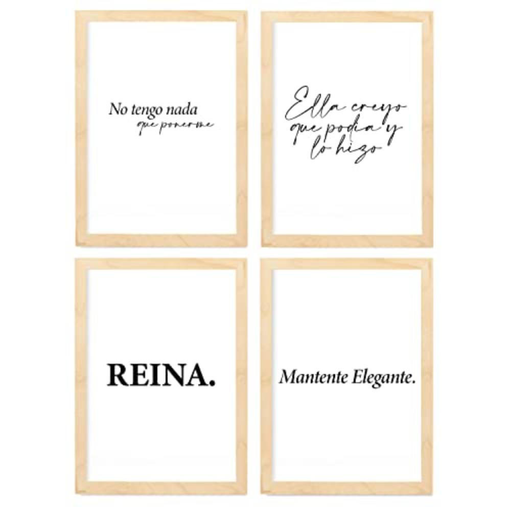 POSTER Set mit 4 Königin TypografieStil A4 Rahmen aus hellem Holz - Beige, Papier (29.7/3cm) - Nacnic