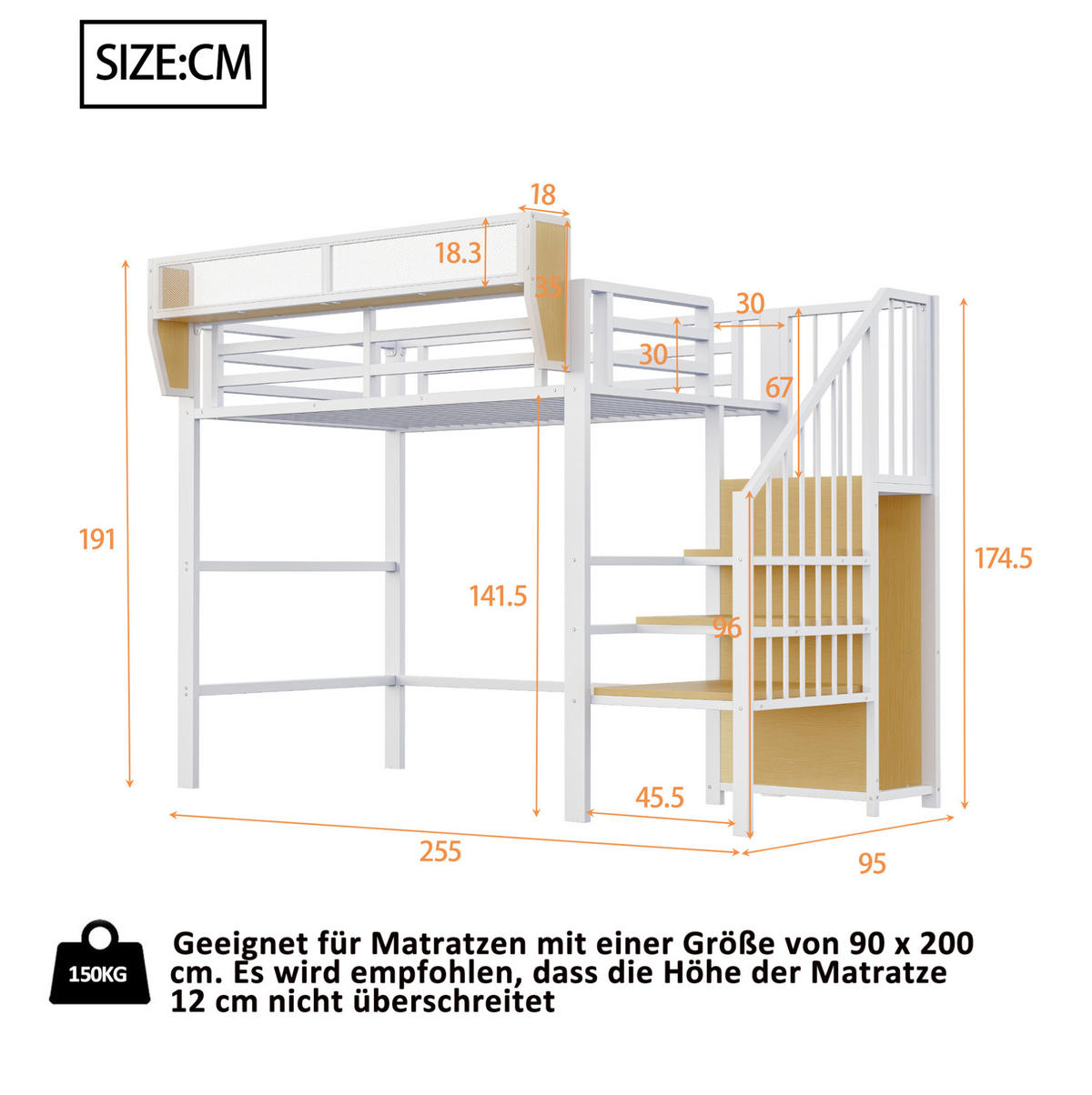 HOCHBETT aus Metall und MDF 90x200 cm Weiß mit Sicherheitsleiter und flexiblem Ablageregal - Weiß, Metall (90/200cm) - Modfu