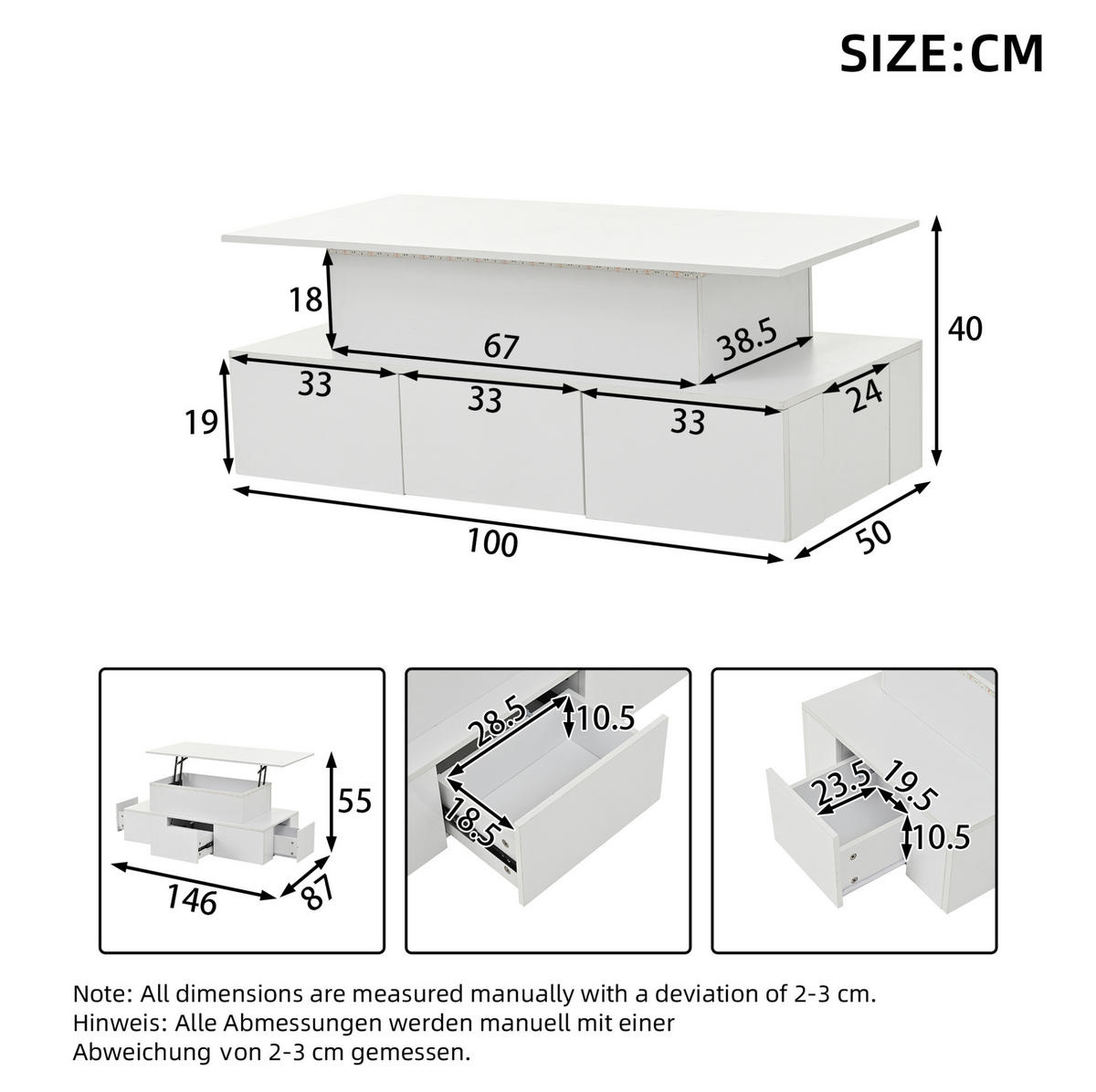 COUCHTISCH 100/50/40 cm höhenverstellbar mit LED, USB, 4 Schubladen und verstecktem Stauraum, Weiß, MDF - Weiß, Holzwerkstoff (100/50/40cm) - Redom