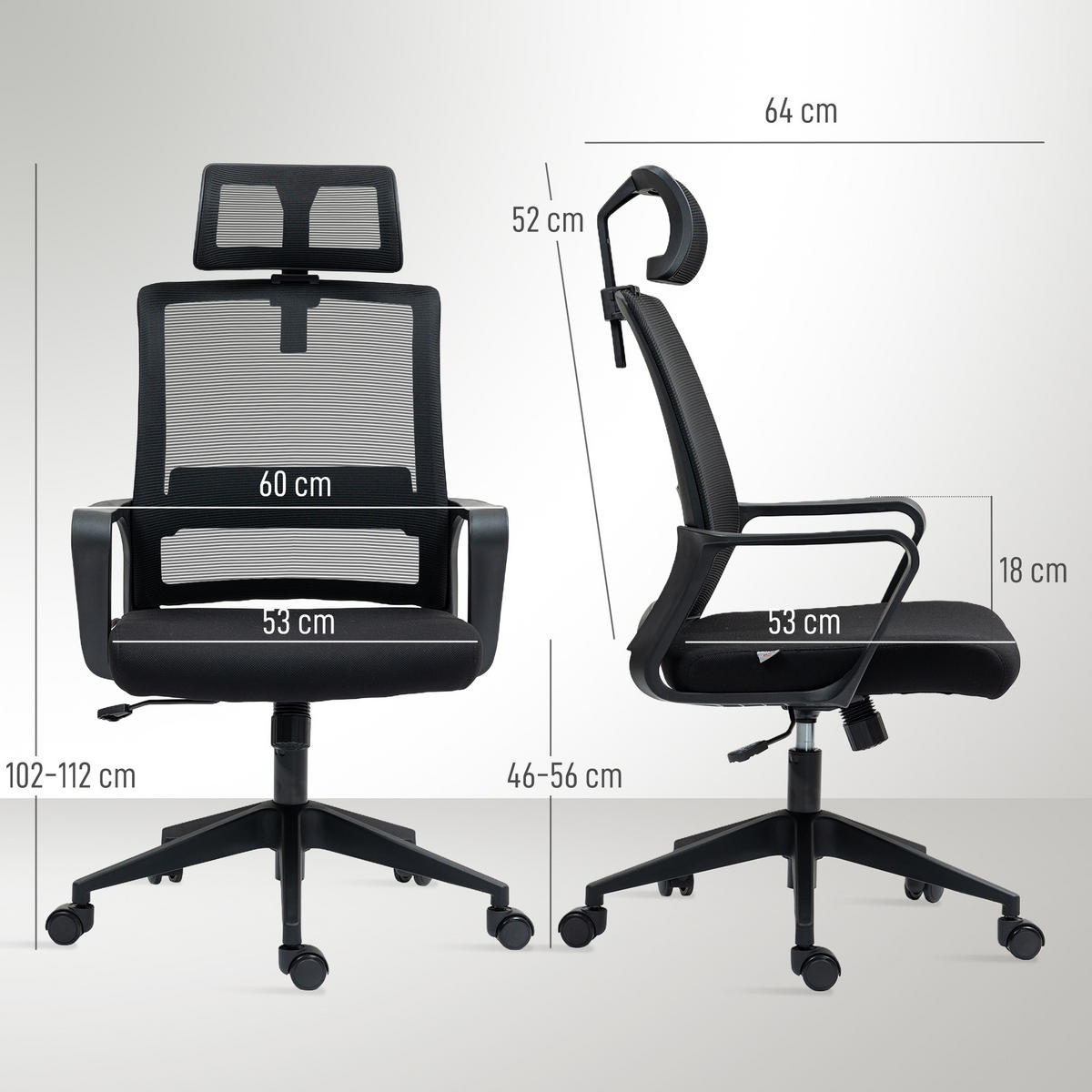 BÜROSTUHL Verstellbar Kopfstütze, Schwarz - Schwarz, Textil (64/112/60cm) - HOMCOM