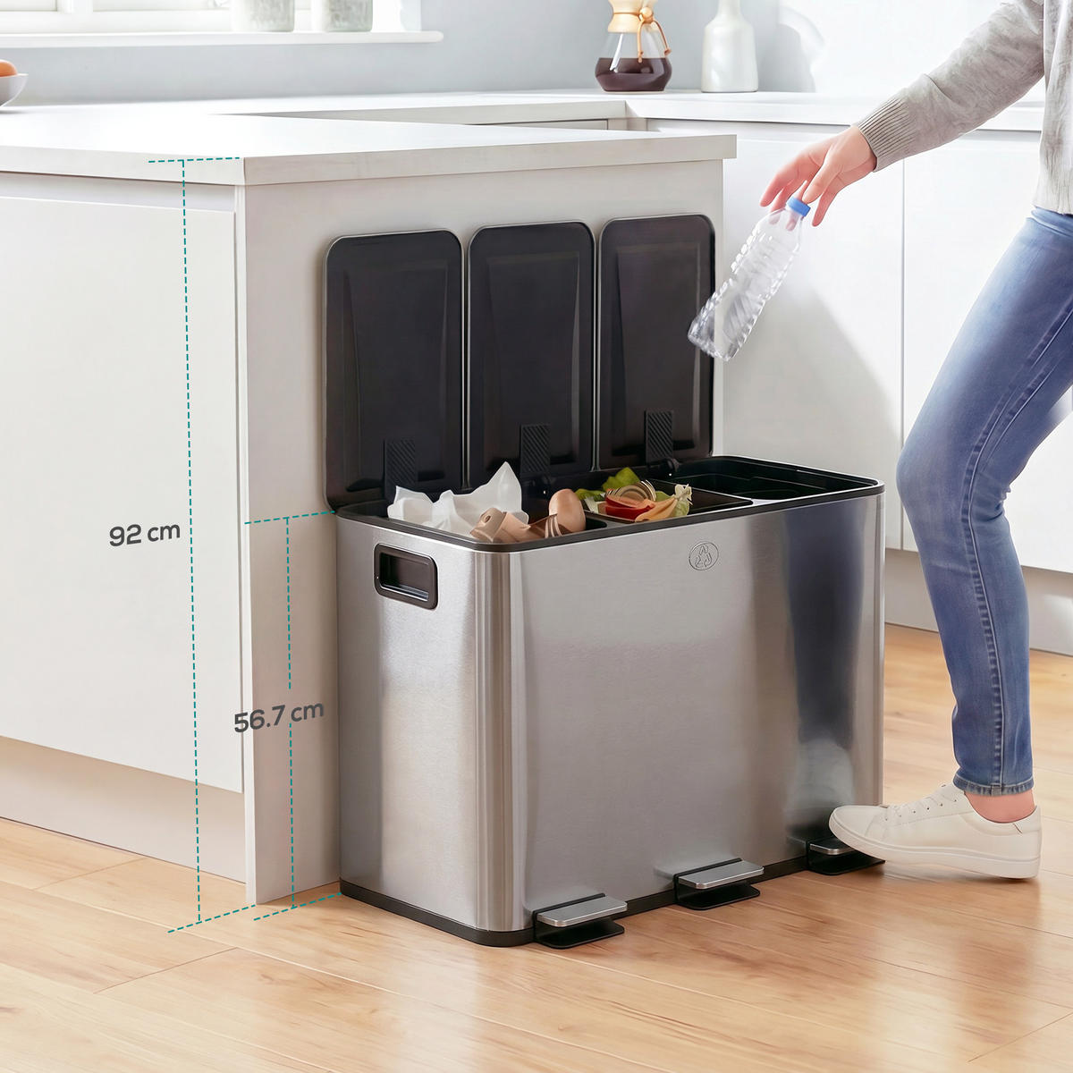 MÜLLEIMER 3 Fach 60L Edelstahl Treteimer Soft Close Silber 61,9/36,6/56,7 cm - Silberfarben, Metall (36.6/56.7/61.9cm) - Rolipo