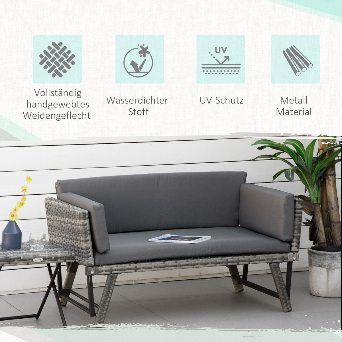 POLYRATTAN Gartensofa, Stahl, Grau - Grau, Metall (63/67/129cm) - Outsunny