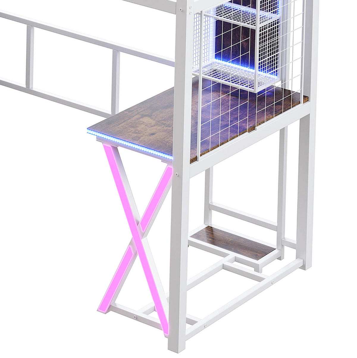 HOCHBETT 90/200 cm mit LED-Beleuchtung, Schreibtisch und Kleiderschrank - Weiß, Metall (90/200cm) - Flora Grace