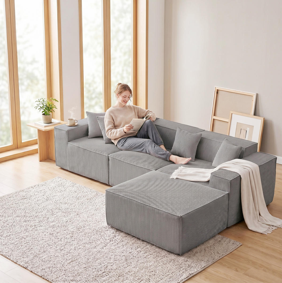 SOFA modular 3-Sitzer Struktur-Cordstoff Grau - Grau, Textil (165/279cm) - Meubliv