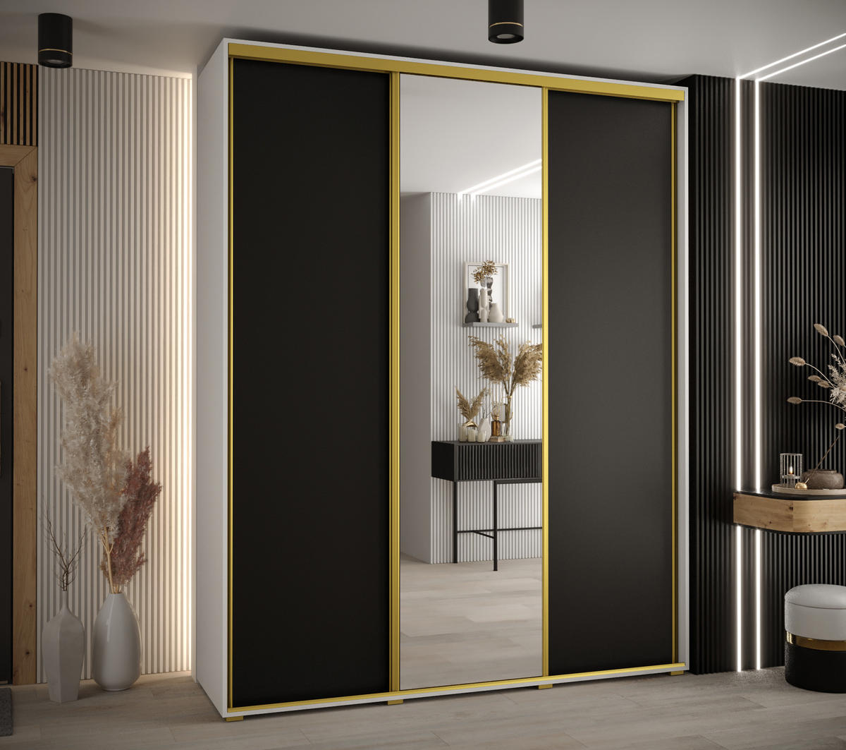 SCHWEBETÜRENSCHRANK 235,2/190/45 3-türig - Goldfarben/Schwarz, Holz/Metall (190/235/45cm) - Abiks Möbel