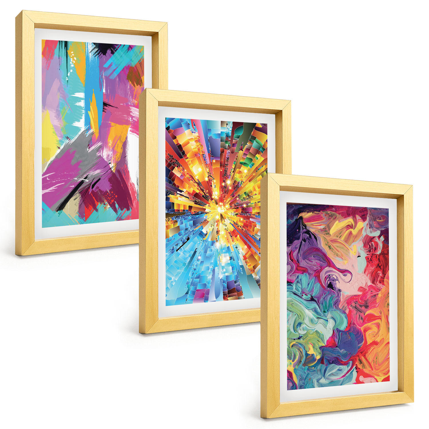 BILDER SET 3er Set - 20x30 cm Goldrahmen - Bunte abstrakte Farbmuster - Goldfarben, Kunststoff (20/30cm) - TULUP